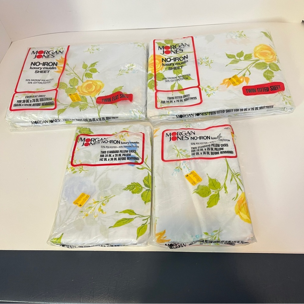 Vintage Morgan Jones 4 Pillowcases, Twin Flat & Fitted Sheet Set Yellow Floral